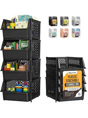 Stackable Storage Bins for Pantry - 4 Pack, Open Front Access, Space-Saving